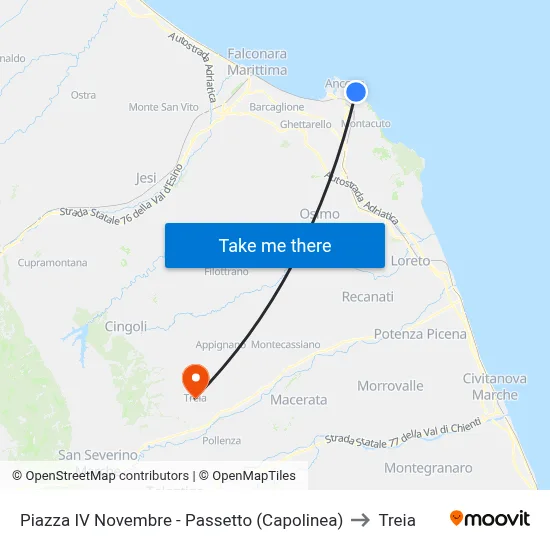 Piazza IV November - Passetto (Terminal) to Treia map