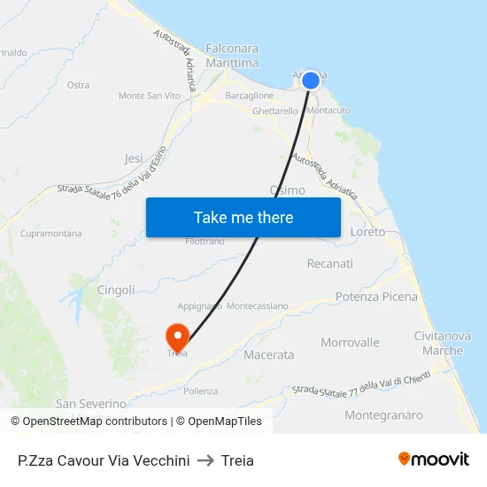 Cavour Square Via Vecchini to Treia map