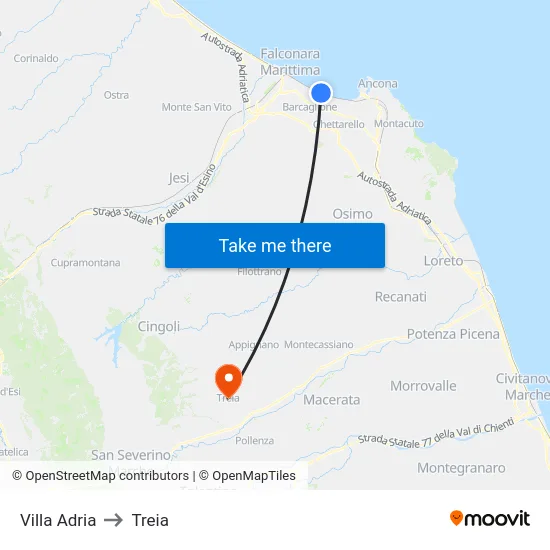 Villa Adria to Treia map