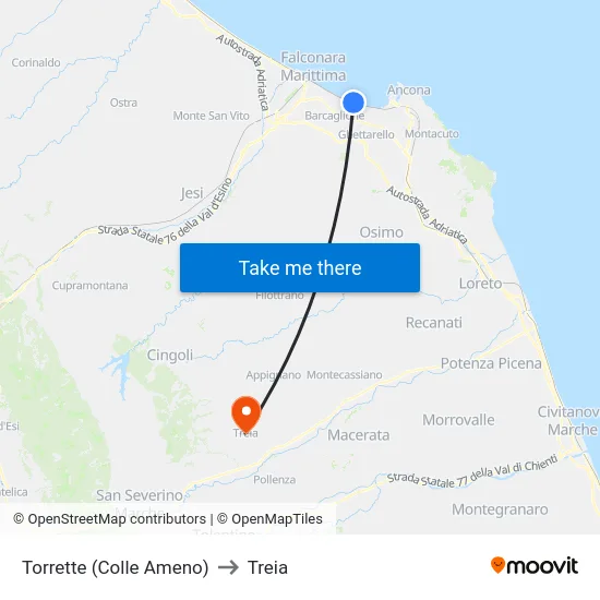 Torrette (Colle Ameno) to Treia map