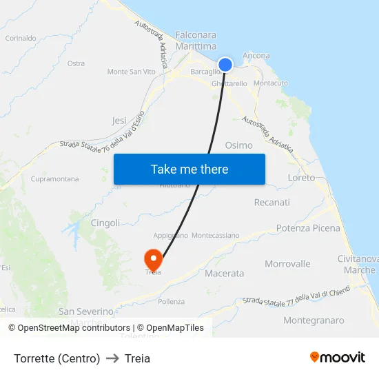 Torrette (Centro) to Treia map