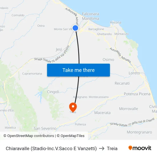 Chiaravalle (Stadium-Sacco and Vanzetti St. Junction) to Treia map