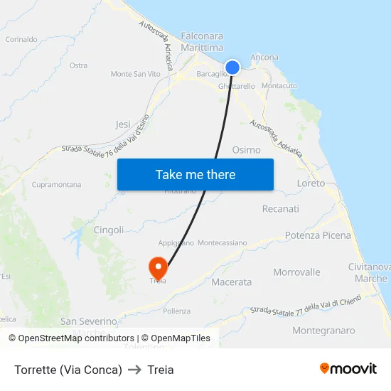 Torrette (Via Conca) to Treia map