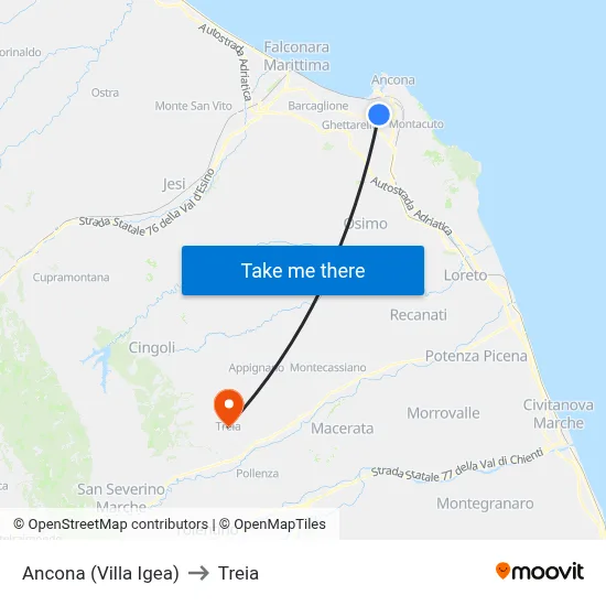 Ancona (Villa Igea) to Treia map