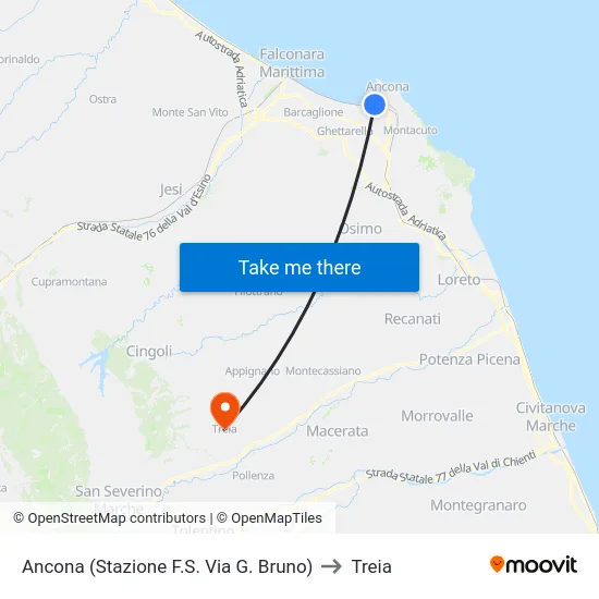 Ancona (Stazione F.S. Via G. Bruno) to Treia map