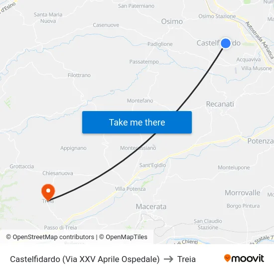 Castelfidardo (Via XXV Aprile Ospedale) to Treia map