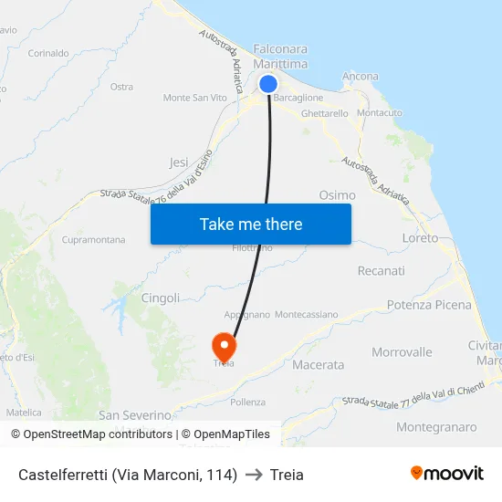 Castelferretti (Via Marconi, 114) to Treia map