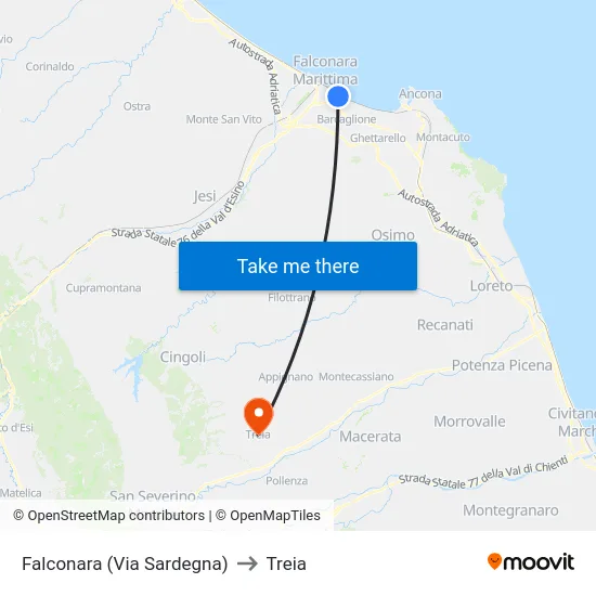 Falconara (Via Sardegna) to Treia map