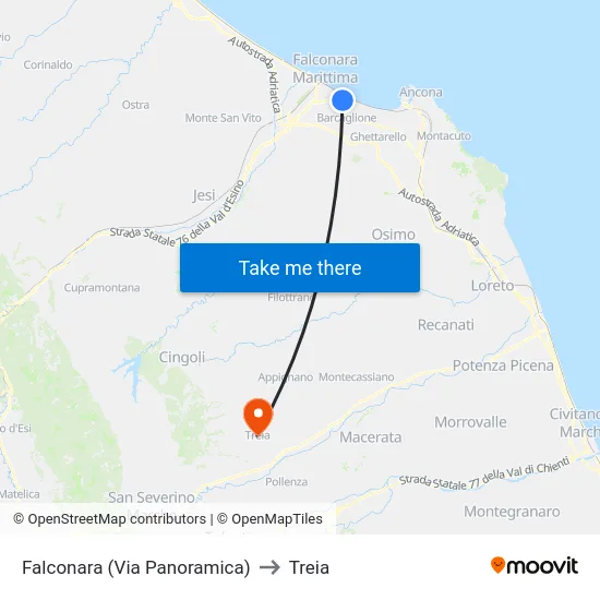 Falconara (Via Panoramica) to Treia map