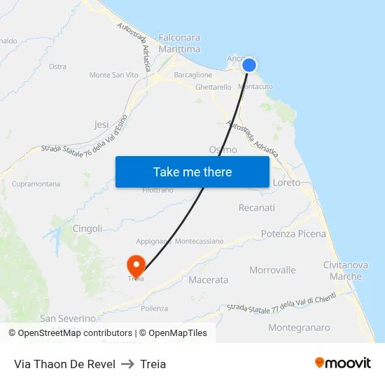 Via Thaon De Revel to Treia map