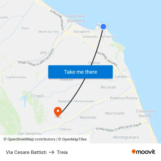 Cesare Battisti Street to Treia map