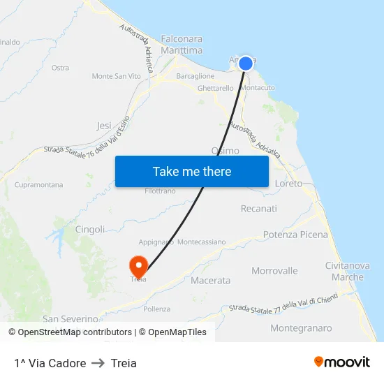 1st Cadore Street to Treia map
