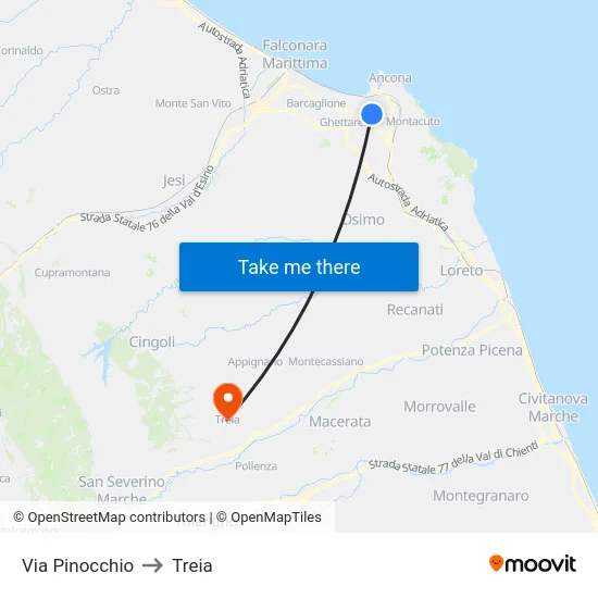 Via Pinocchio to Treia map