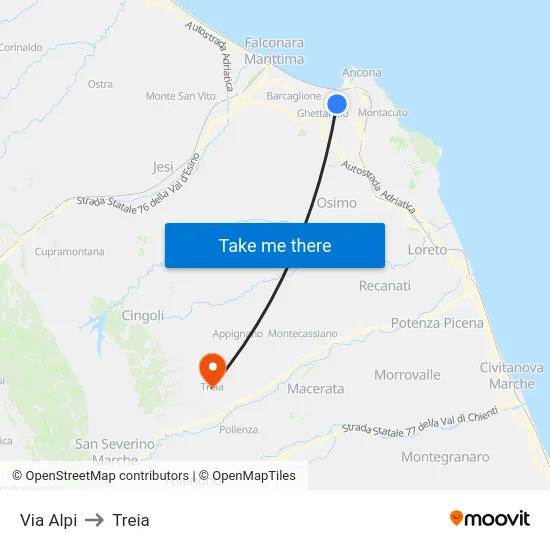 Via Alpi to Treia map