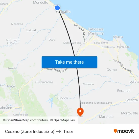 Cesano (Zona Industriale) to Treia map