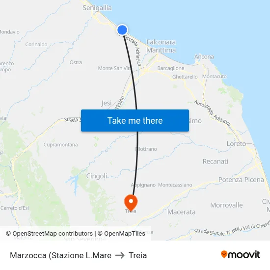 Marzocca (Station Seafront) to Treia map