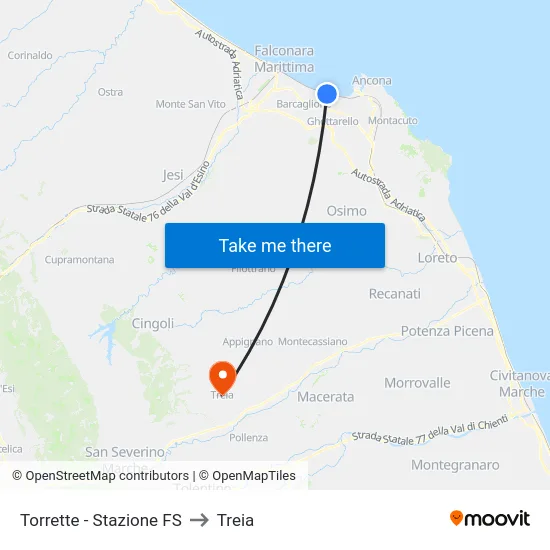 Torrette - Stazione FS to Treia map