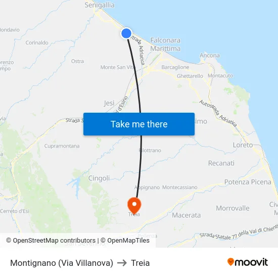 Montignano (Via Villanova) to Treia map