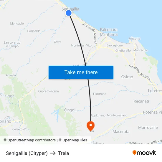 Senigallia (Cityper) to Treia map