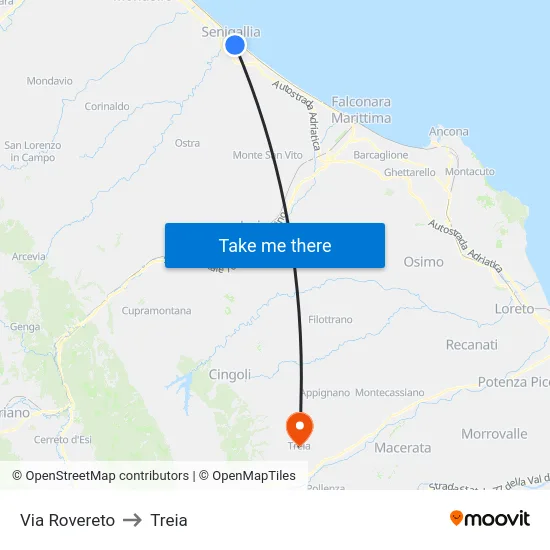 Via Rovereto to Treia map