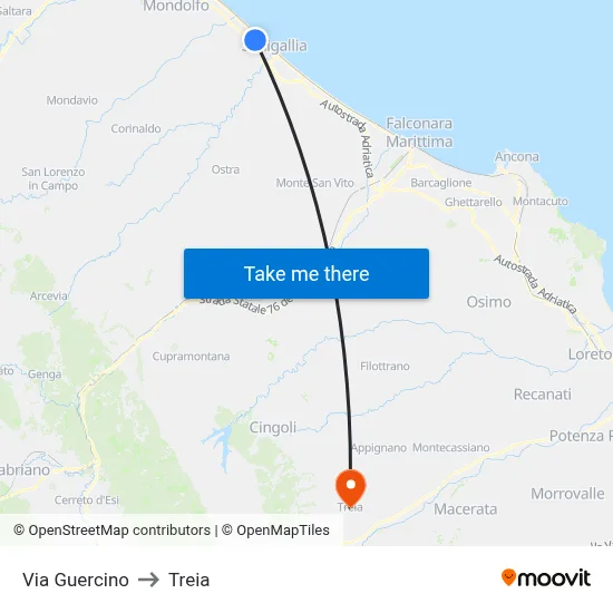 Via Guercino to Treia map