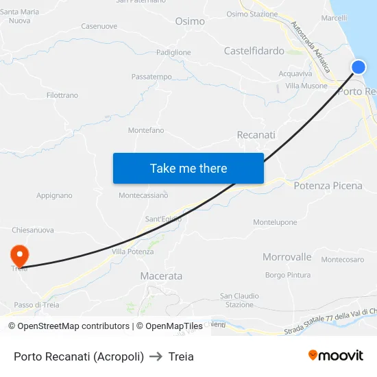 Porto Recanati (Acropoli) to Treia map