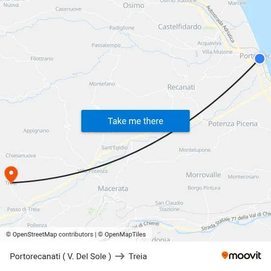 Porto Recanati (Via Del Sole) to Treia map