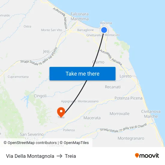 Montagnola Street to Treia map