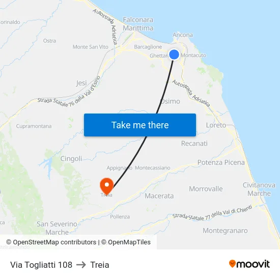 Via Togliatti 108 to Treia map