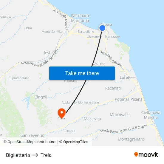Biglietteria to Treia map