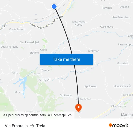 Via Erbarella to Treia map