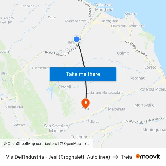 Via Dell'Industria - Jesi (Crognaletti Bus Lines) to Treia map