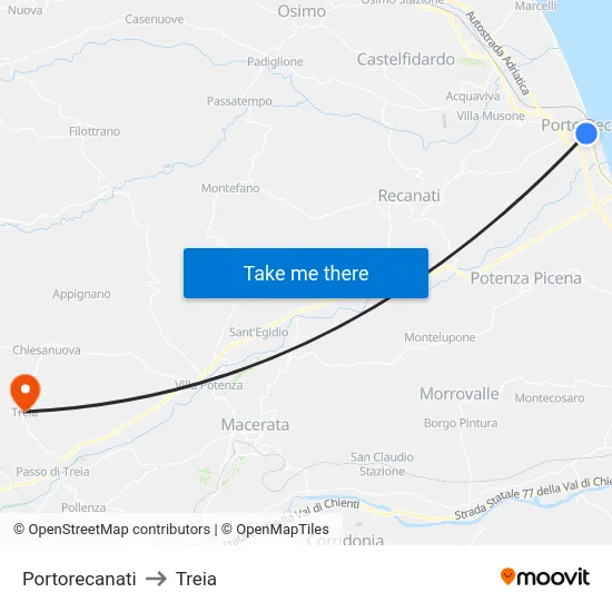 Portorecanati to Treia map