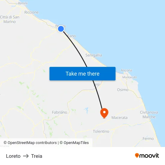 Loreto to Treia map