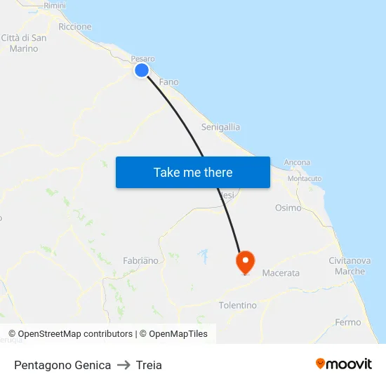 Pentagono Genica to Treia map