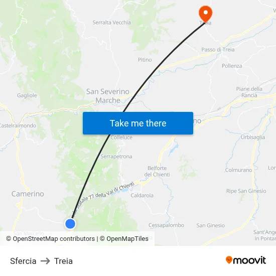 Sfercia to Treia map