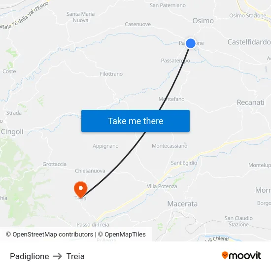 Padiglione to Treia map