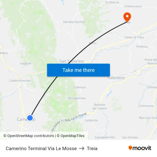Camerino Terminal Via Le Mosse to Treia map