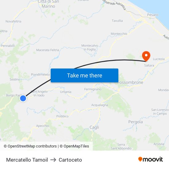 Mercatello Tamoil to Cartoceto map