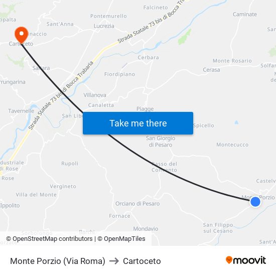 Monte Porzio (Via Roma) to Cartoceto map