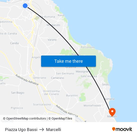 Piazza Ugo Bassi to Marcelli map