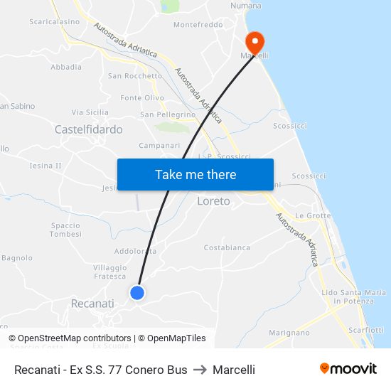 Recanati - Ex S.S. 77 Conero Bus to Marcelli map