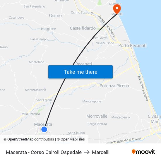 Macerata - Corso Cairoli Ospedale to Marcelli map