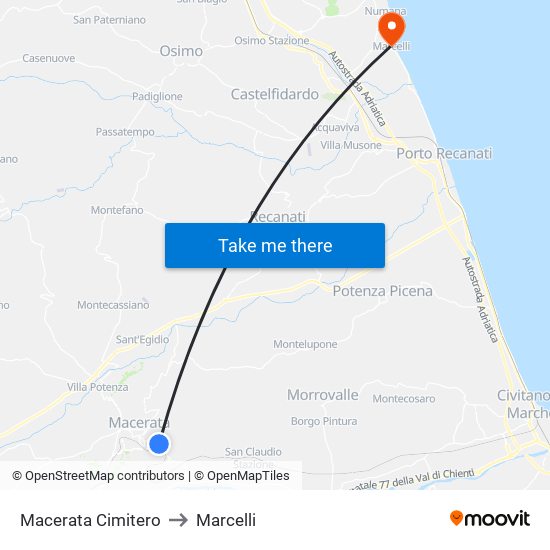 Macerata Cimitero to Marcelli map