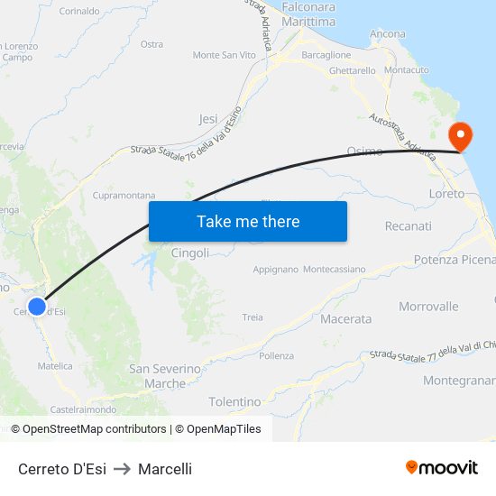 Cerreto D'Esi to Marcelli map