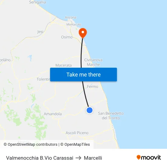 Valmenocchia Carassai Junction to Marcelli map