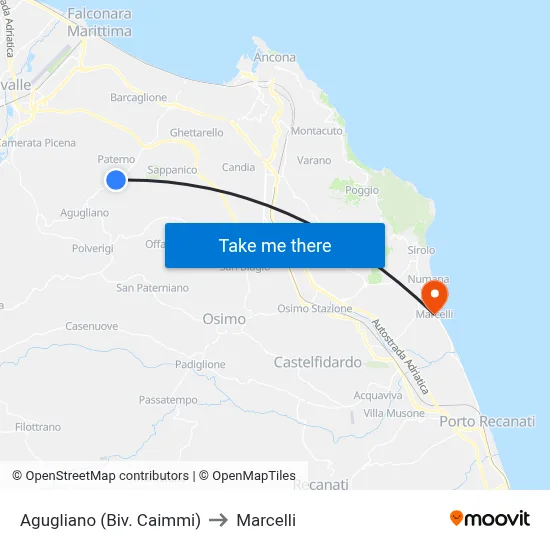 Agugliano (Caimmi Junction) to Marcelli map