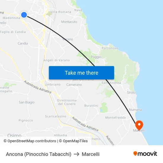 Ancona (Pinocchio Tobacco) to Marcelli map