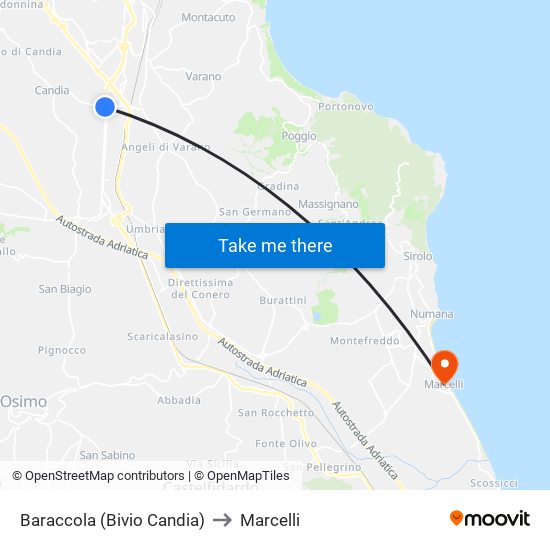 Baraccola (Bivio Candia) to Marcelli map
