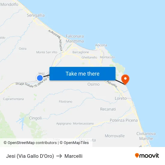 Jesi (Golden Rooster Street) to Marcelli map